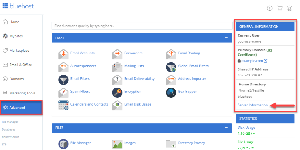 Bluehost cPanel interface
