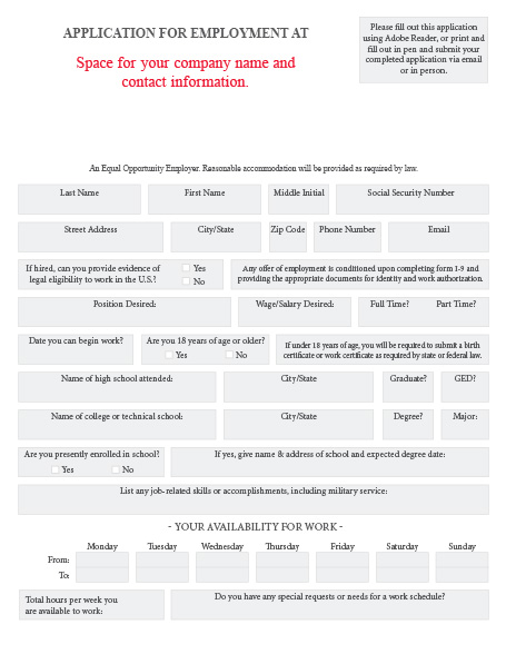 free employment application template