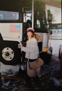 Boarding a Greyhound on the way to my first professional job interview. I had my $20 Ross Dress for Less suit wadded up in that bag. All class here.  I was probably 22 in this photo but you get the idea.