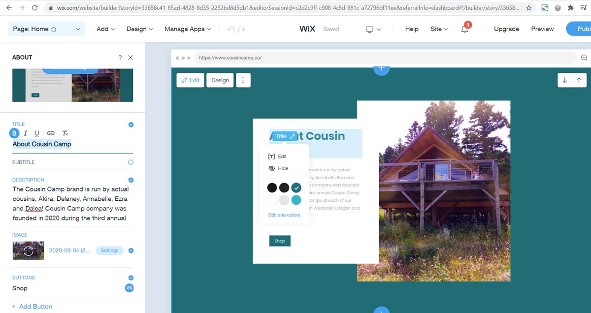 Wix website design editor interface