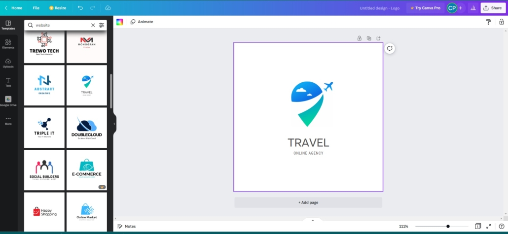 Travel logo with location teardrop and plane flying through