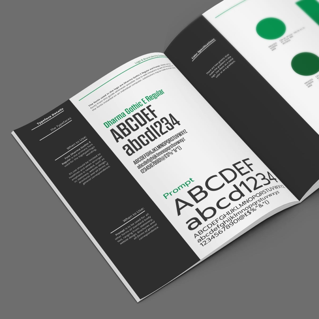 Branding guidelines showing fonts used