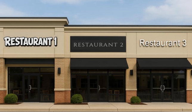 Three restaurants, side-by-side, with signs written in different fonts