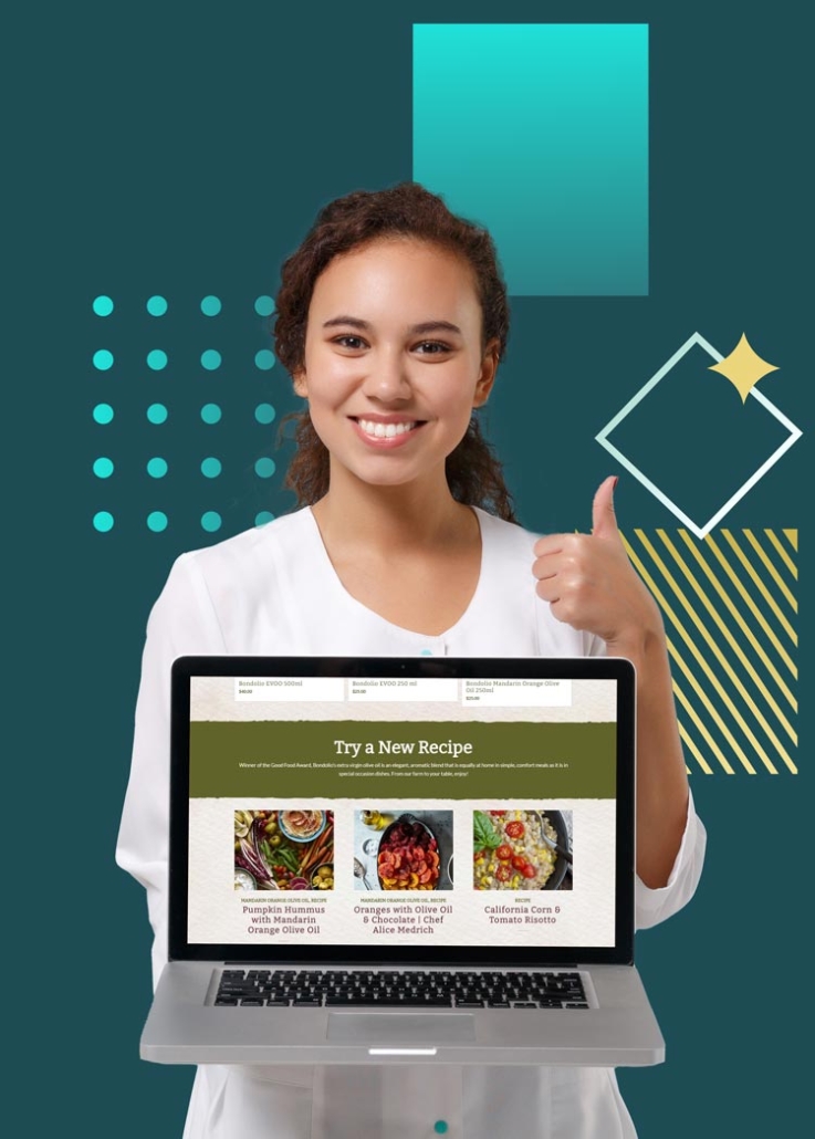 Woman giving thumbs up while holding laptop displaying web page with list of recipes